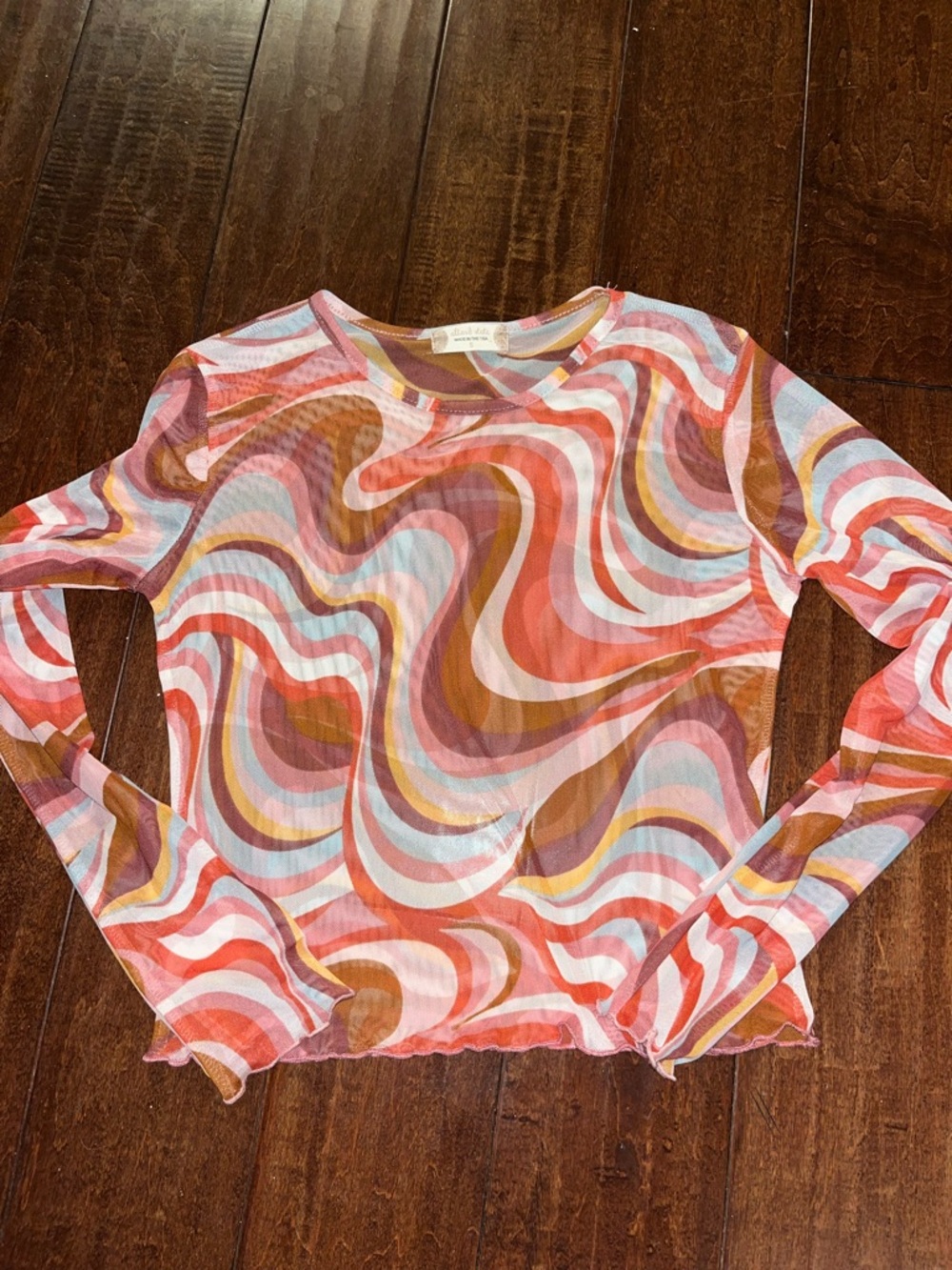 Altar'd State Retro Swirl Long Sleeve Mesh Top - Pink, Orange, Brown, Cream